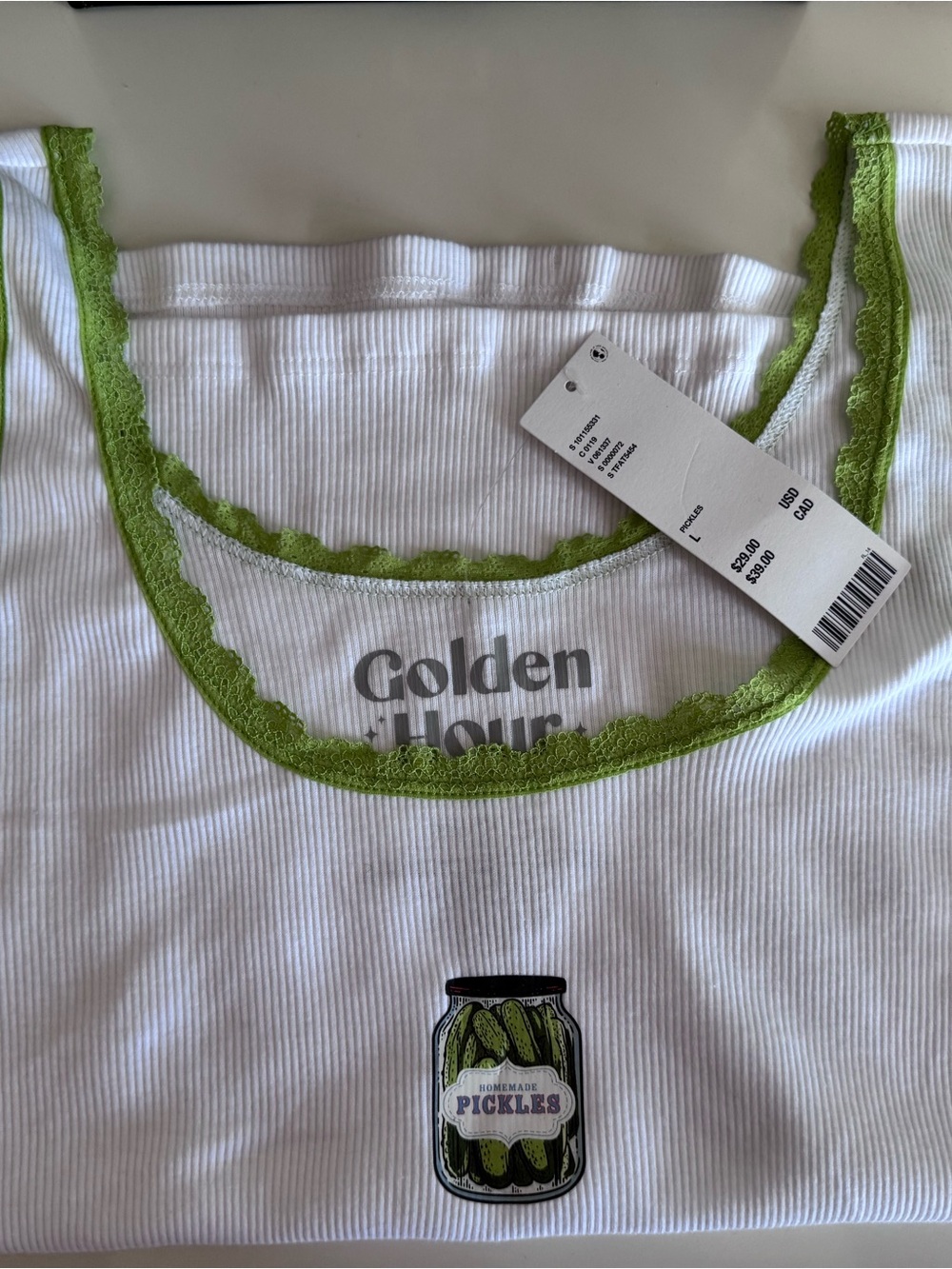 Golden Hour Urban Outfitters White Ribbed Tank with Green Lace Trim and pickles